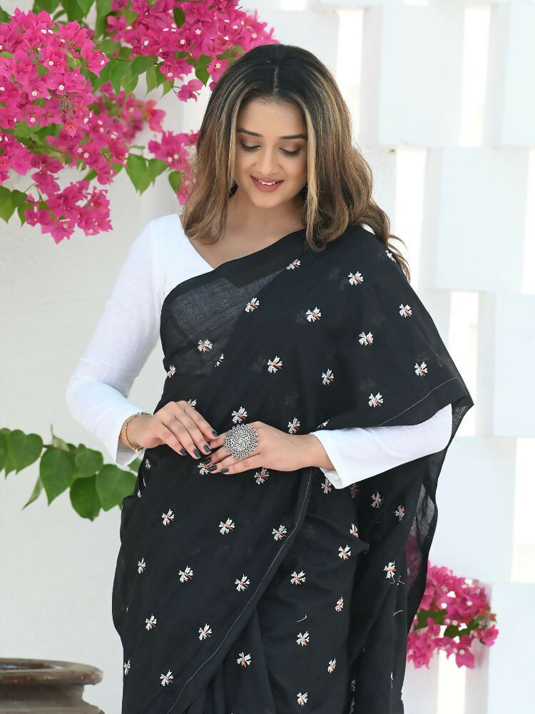 Beatitude Black Khadi Floral Embroidered Saree
