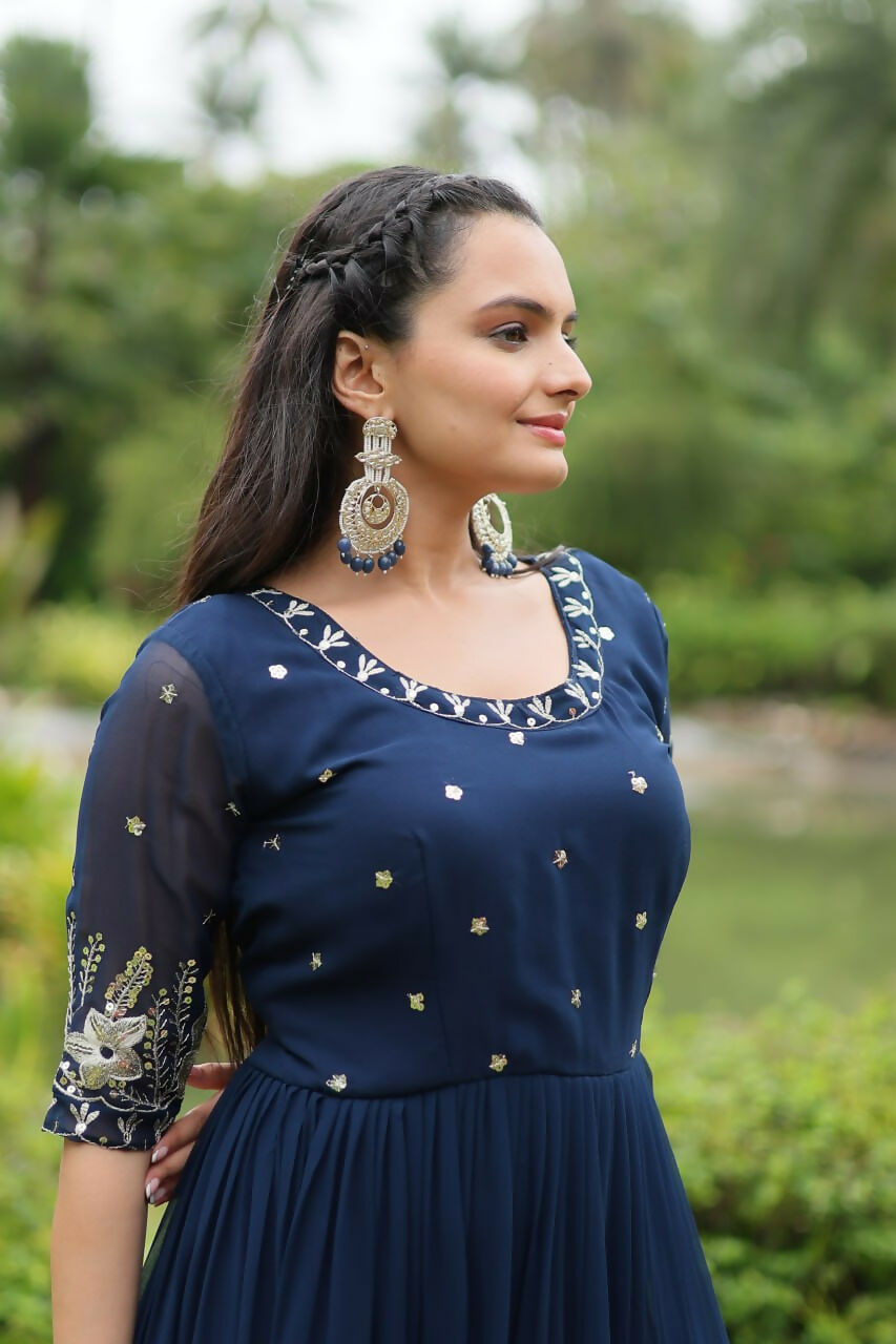 Vastranavya Premium Designer Faux Blooming with Embroidery Zari Sequins work Gown - Navy Blue