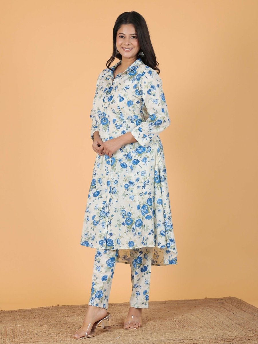 Aramya White Textured Cotton Floral Print High Low Kurta Set for Women