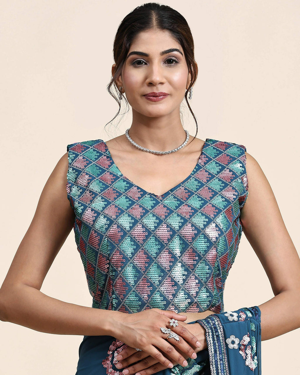 Blue Pure Georgette Sequence work Ready to wear Saree with stitched Blouse - Nirvana