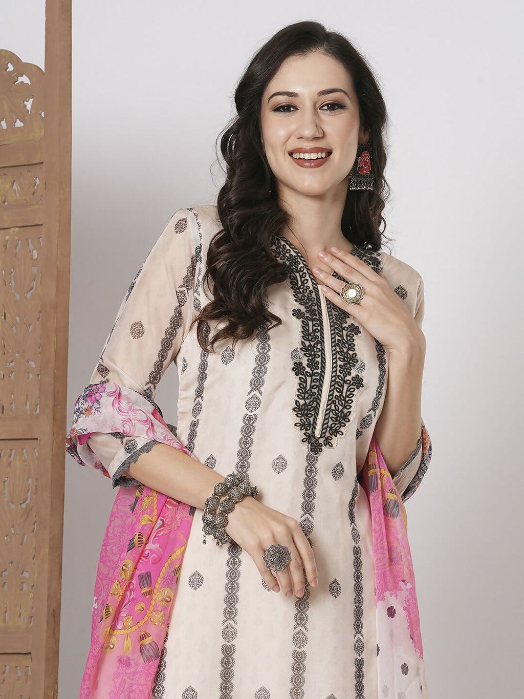 Off White Taby Silk Embroidery Work, Printed Kurta Set - Riya