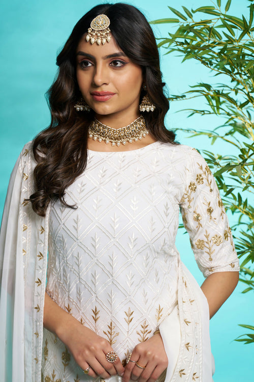 Aayaa Designer Faux Gorgette Embroidery Zari Sequins Thread work Full Flaired plazzo Suit with Dupatta - Off White