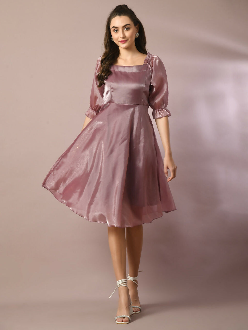 Myshka Women's Brown Solid Square Neck Fit and Flare Party Dress