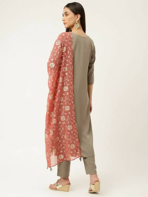 FIORRA Women's Grey Poly Crepe Straight Kurta Pant With Dupatta