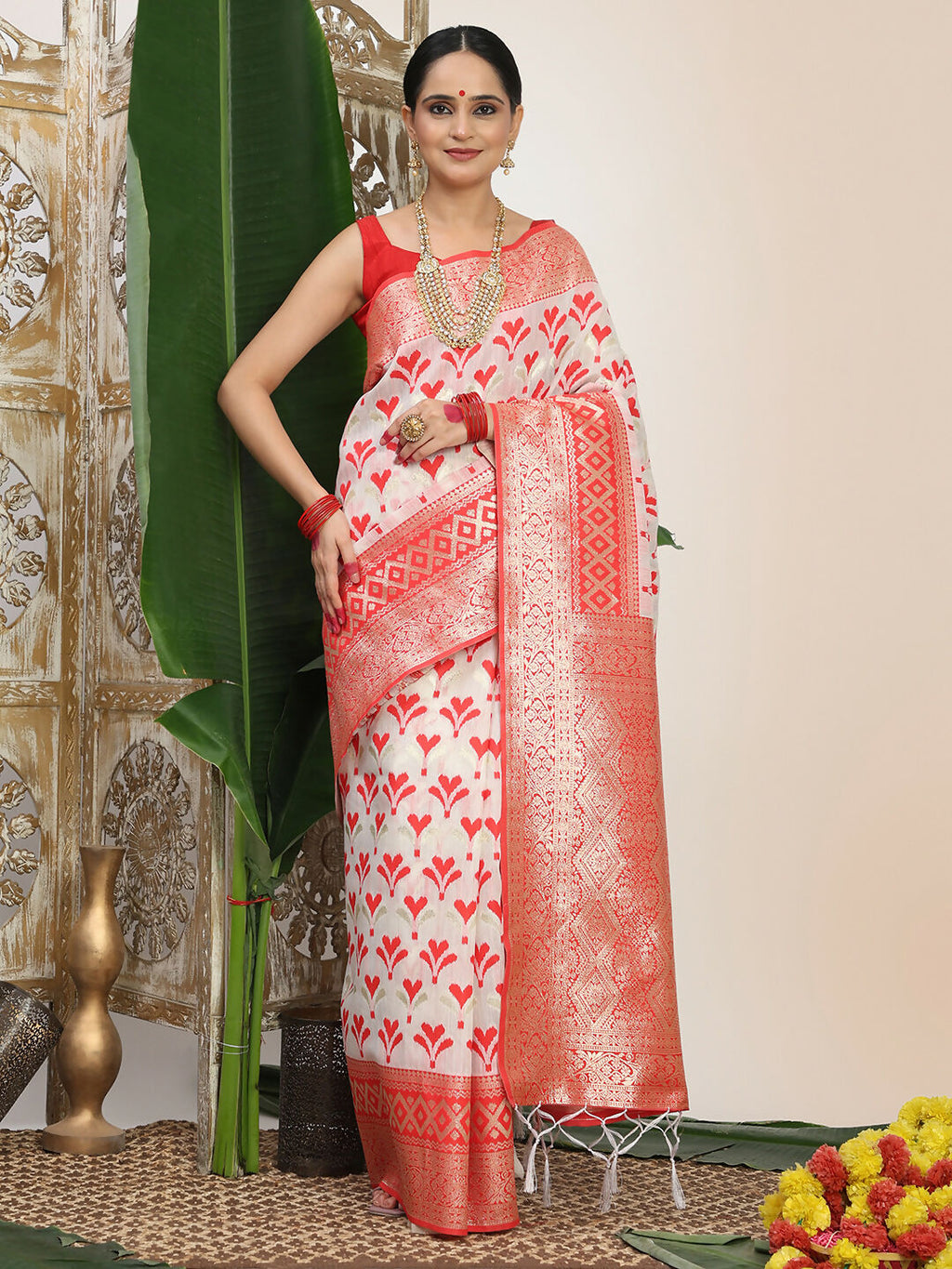 Shree Shyam Fashion Linen Cotton Red & White Saree