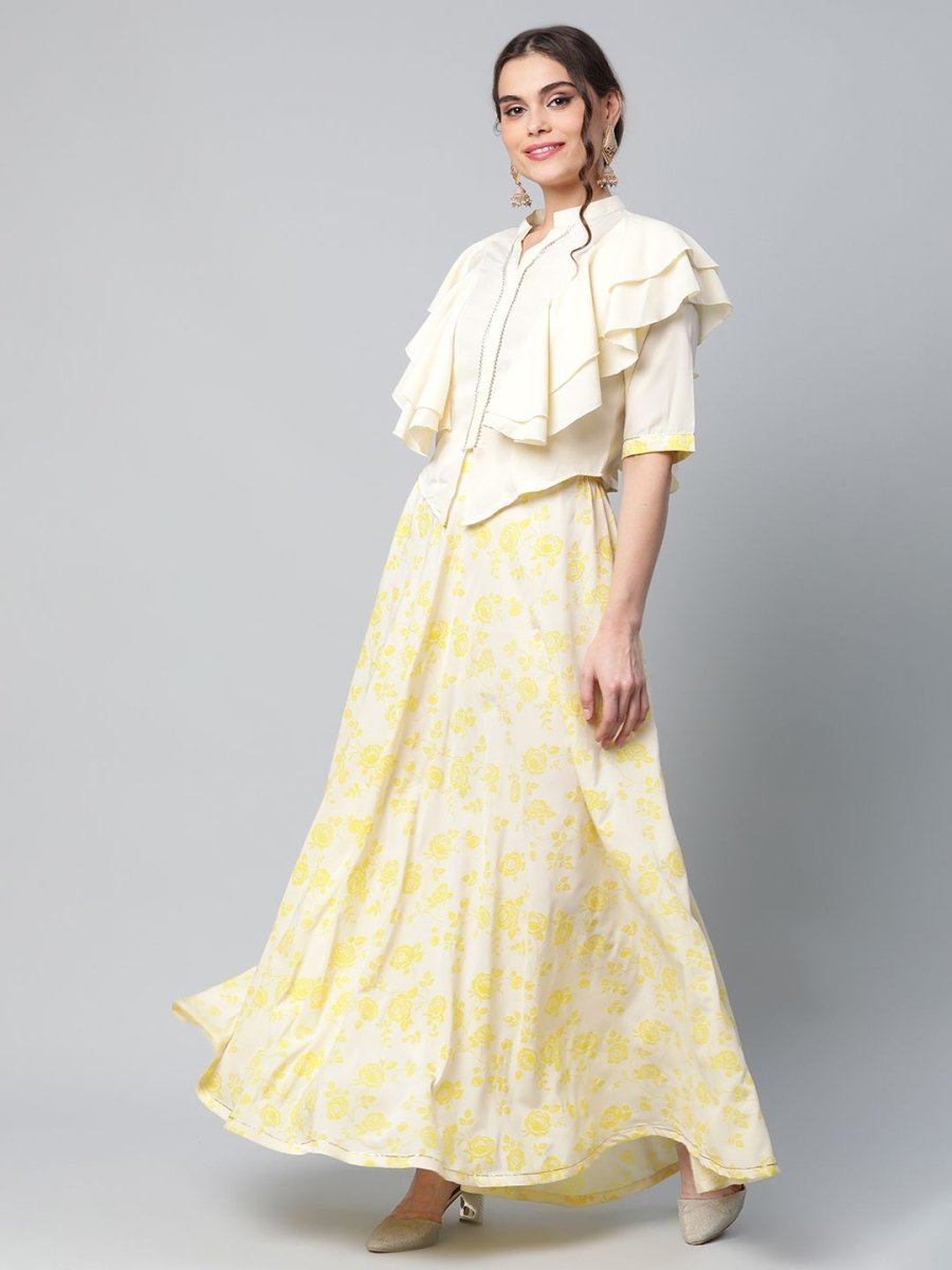 Ahalyaa Women Crepe Cream Solid Top with Printed Skirt with Ruffle Details