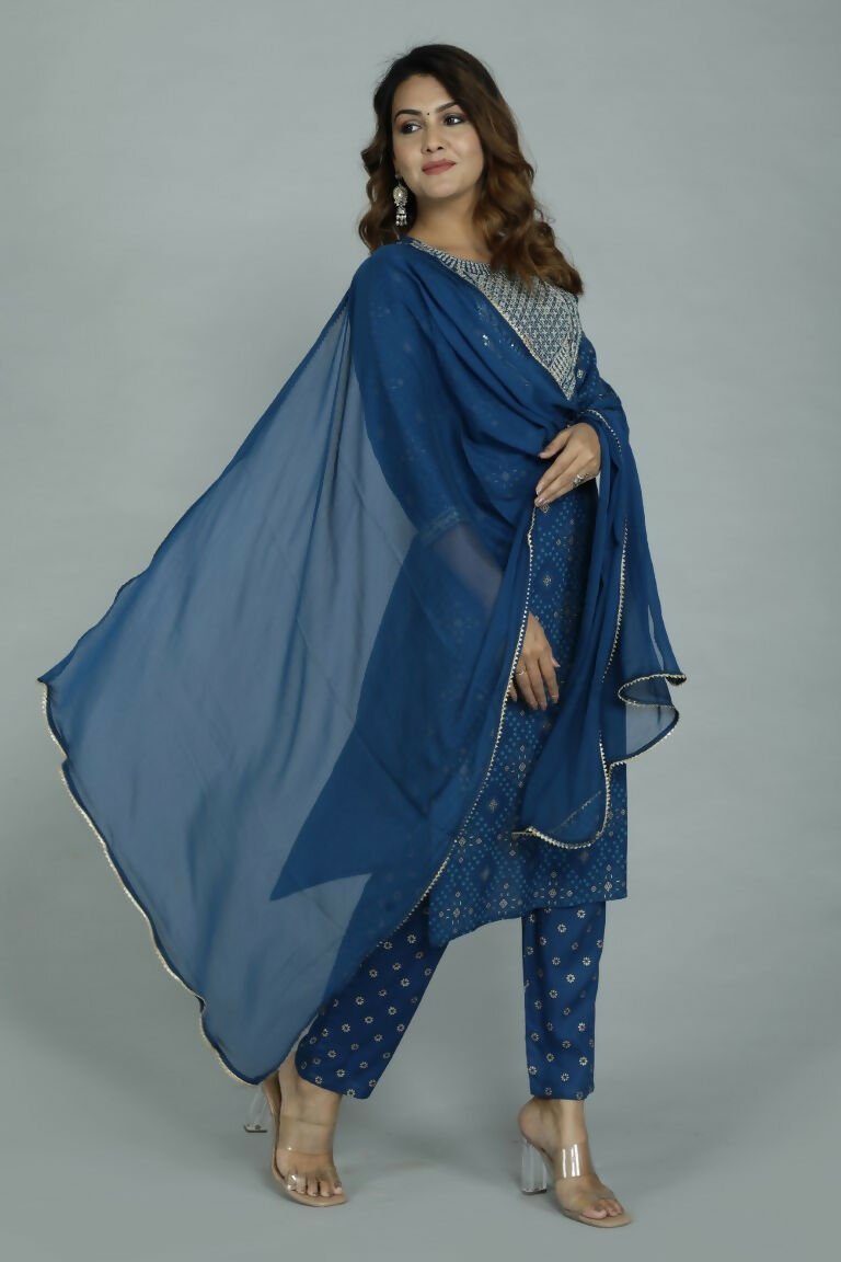 Alvano Printed Sequence Kurti with Pant and Dupatta set Rayon (Blue)