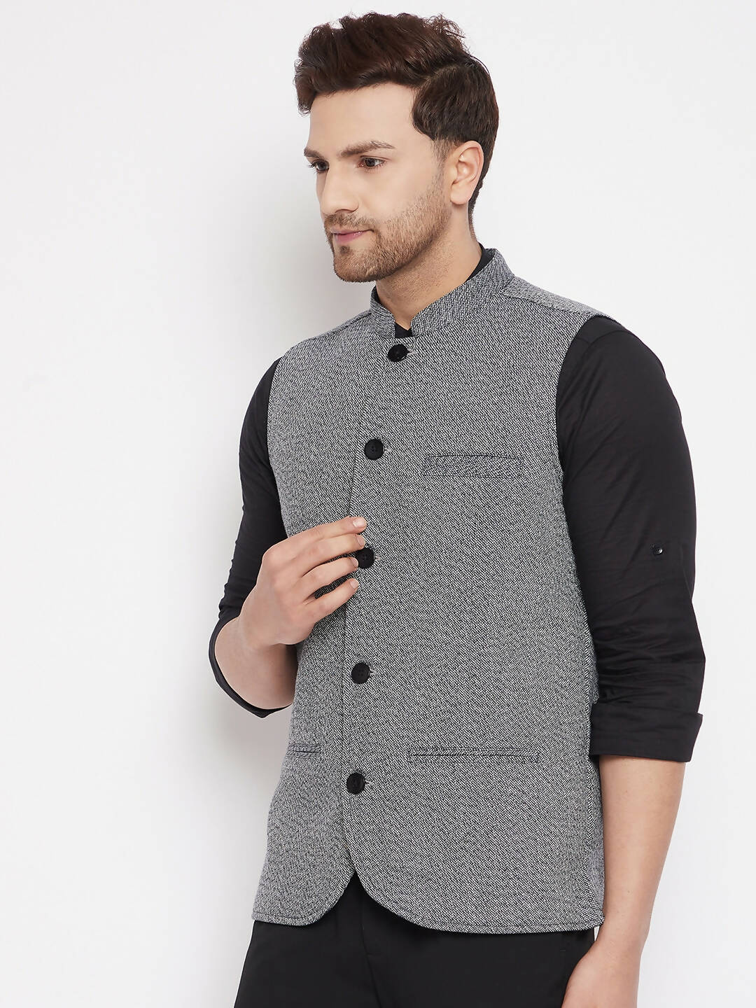 Even Apparels Grey Merino Men Woven Nehru Jacket PW689