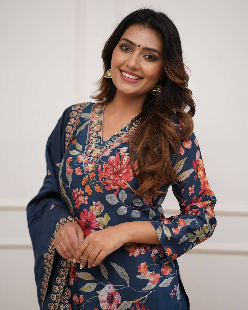 The52 Blue Women's Gorgeous Printed Pure Russian Silk Fabric Straight Kurta Pant with Dupatta Set