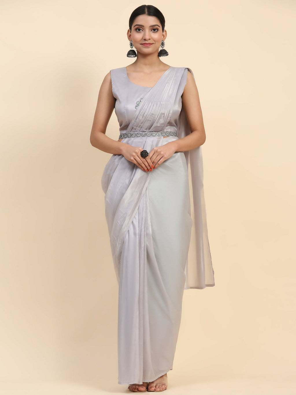 Grey Satin Solid Ready to wear Saree with stitched Blouse - Vanita