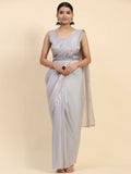 Grey Satin Solid Ready to wear Saree with stitched Blouse - Vanita