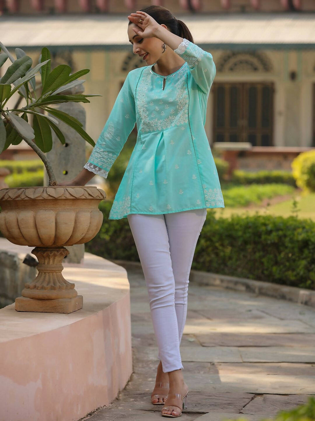 Juniper Women's Aqua Cambric Floral Printed Tunic