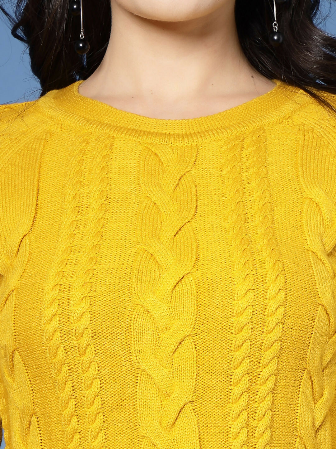Women Mustard Acrylic Self Design Winter Dress - Wool Trees