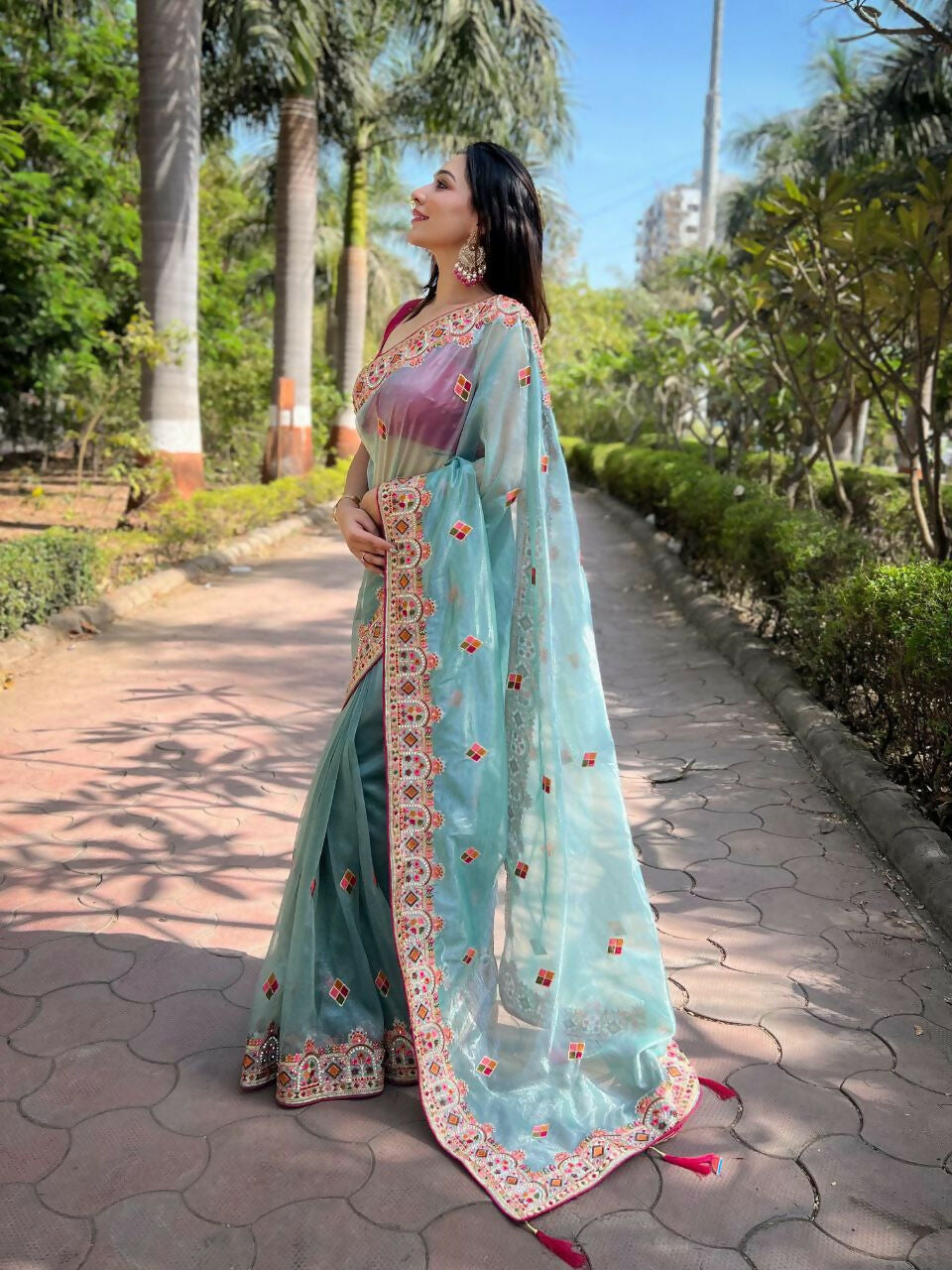 Vastranavya Twill Net Designer Embroidery & Colour Thread & Diamond work Saree with Blouse Material - Sky Blue