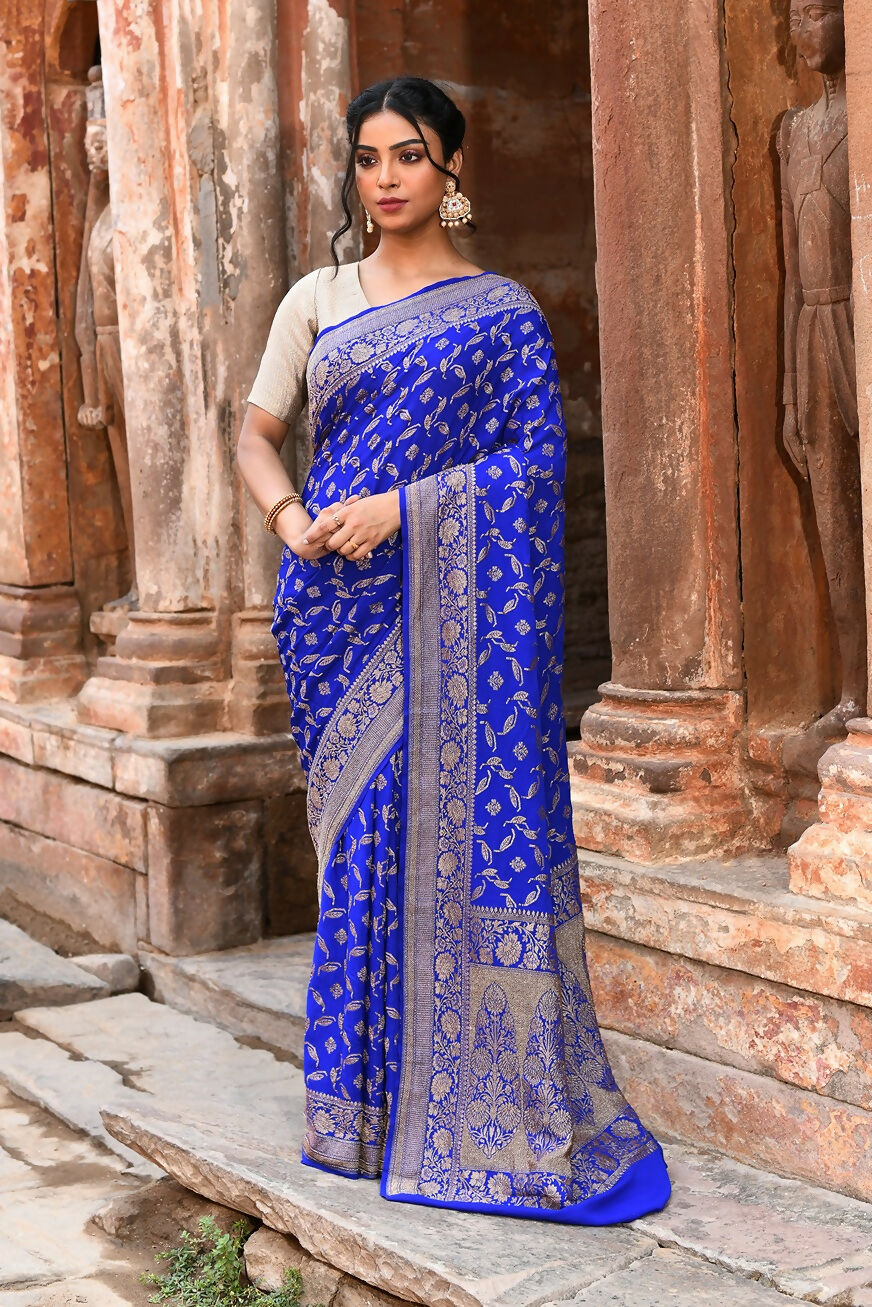 Joban Fashion Violet Crepe Chiffon Pure Handloom Banarasi Silk Saree