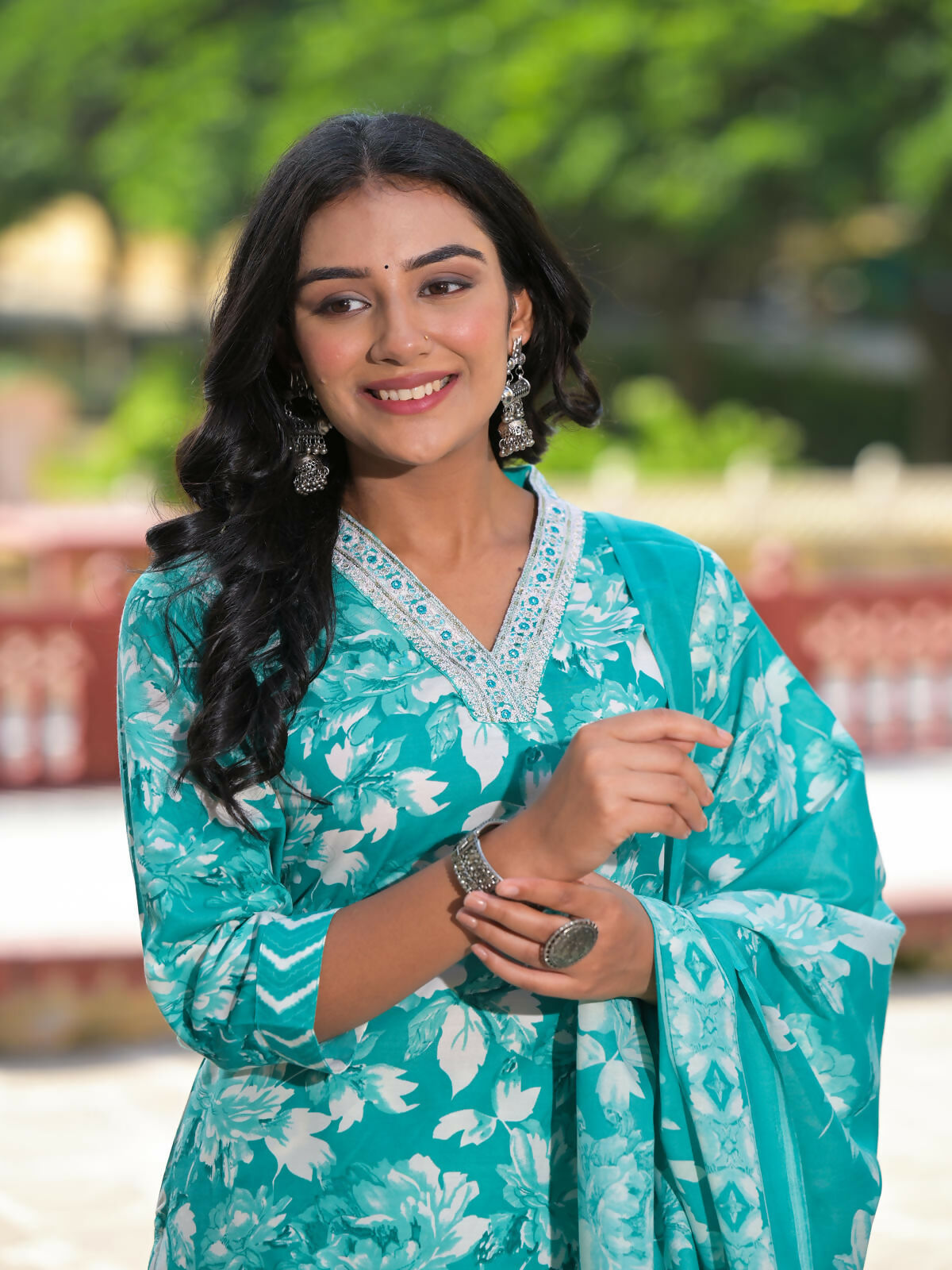Juniper Women's Rama Green Floral Printed Cotton Kurta Pant With Dupatta Set With Mirror Work & Zari Work