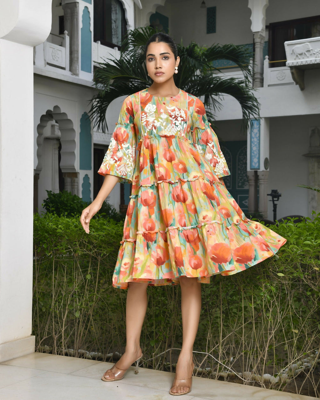 Vaasva Women's Orange Cotton Embroidered& Digital Printed Dress