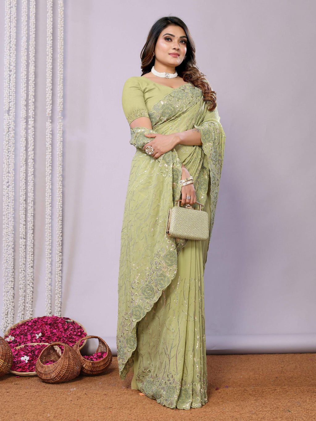 Green Pure Georgette Embroidered Saree With Stitched Blouse - Nimaya Kaksha