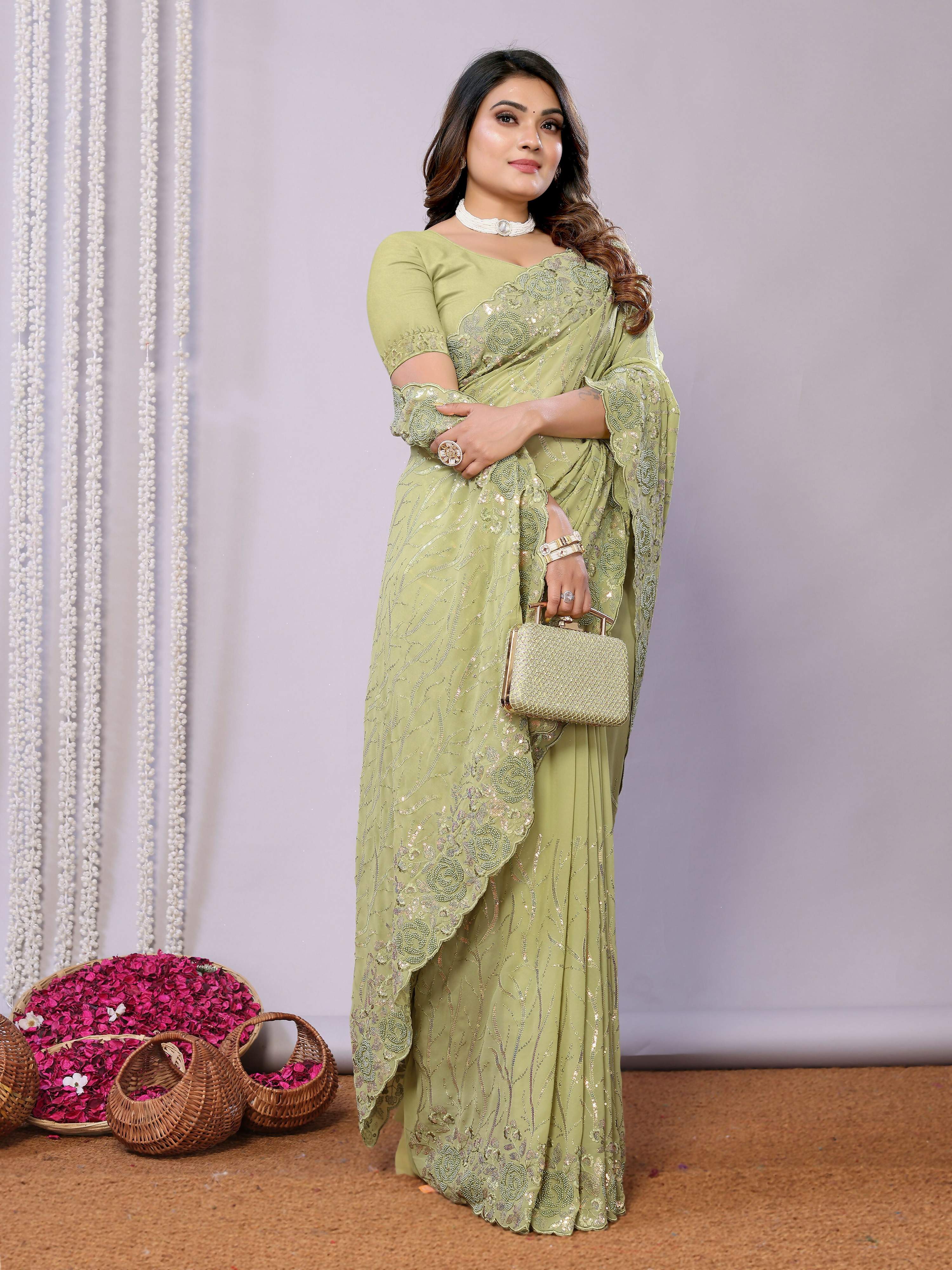 Green Pure Georgette Embroidered Saree With Stitched Blouse - Nimaya Kaksha