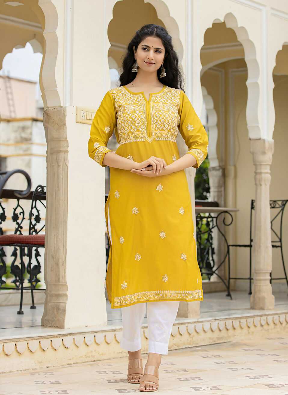 Kaajh Women's Mustard Chikhankari Embroidered Kurta Pant Set