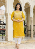 Kaajh Women's Mustard Chikhankari Embroidered Kurta Pant Set