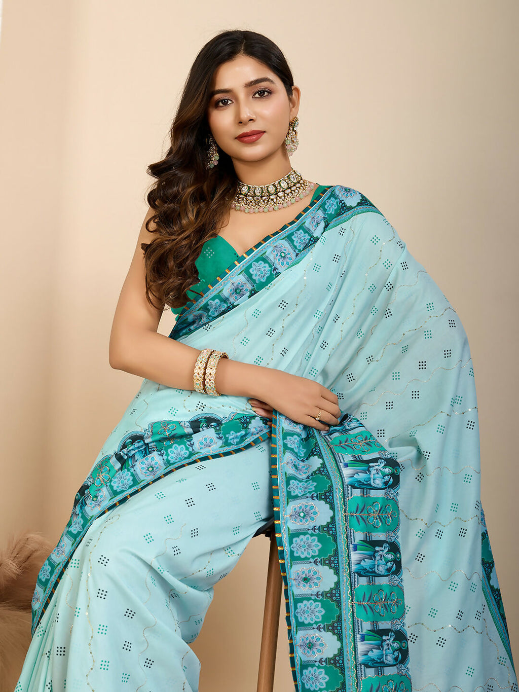 Cyan Muslin Cotton Designer Digital Printed Saree - Lavisha