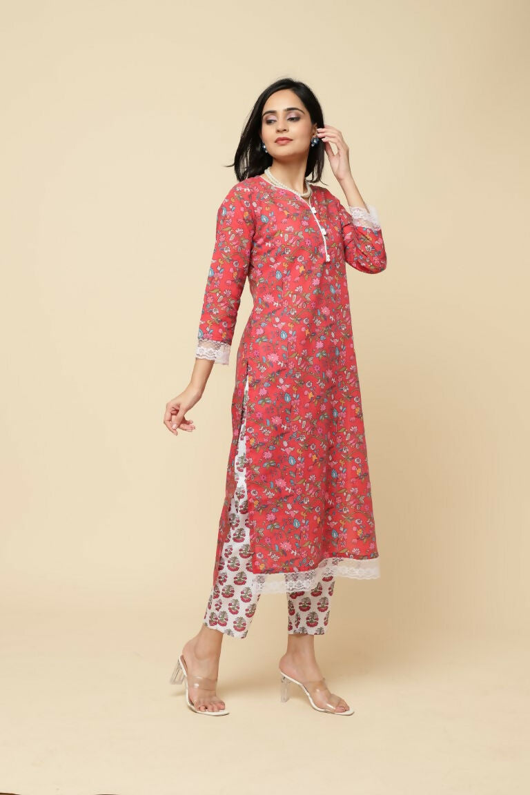 Designer Stylish Red Cotton Blend Stitched Suit With Dupatta - Tanisha
