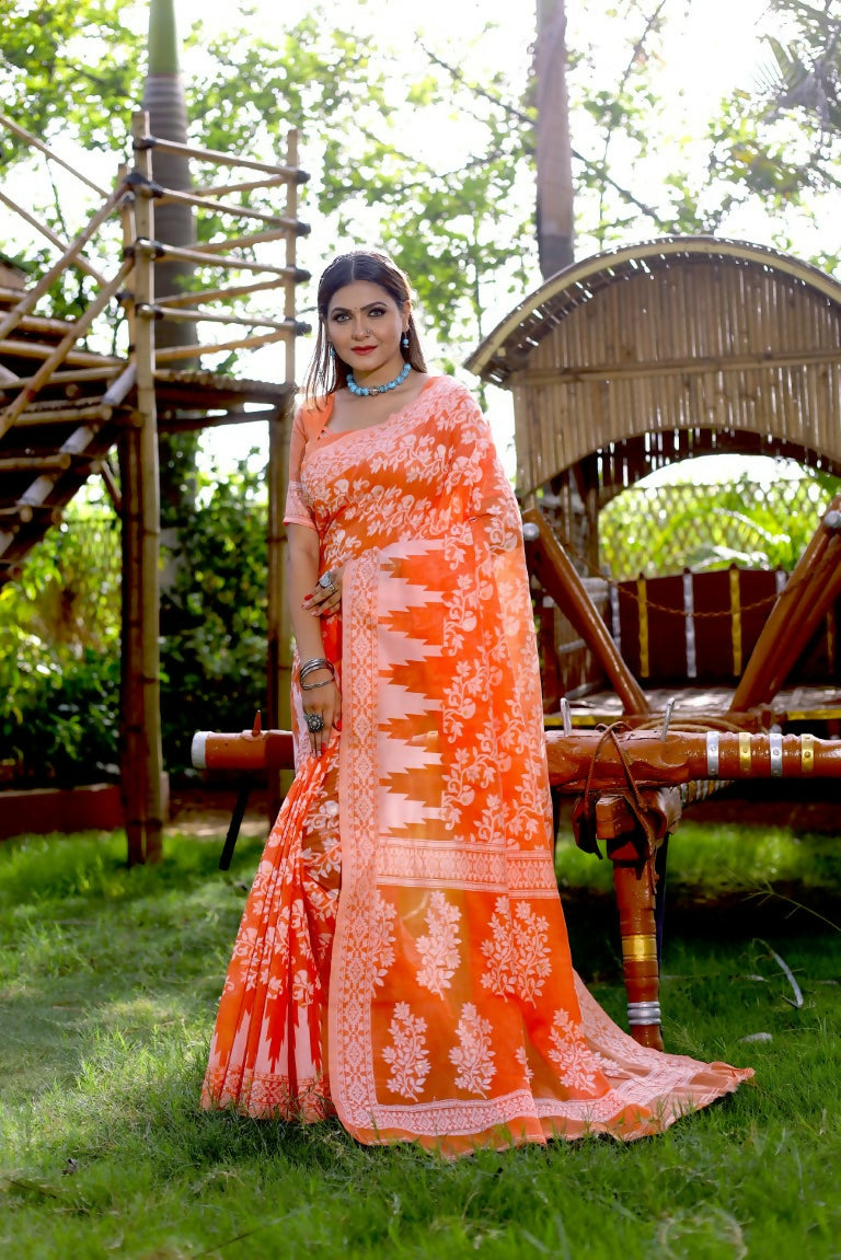 Partywear Designer Orange Jamdani contton Fancy Saree - Starwalk