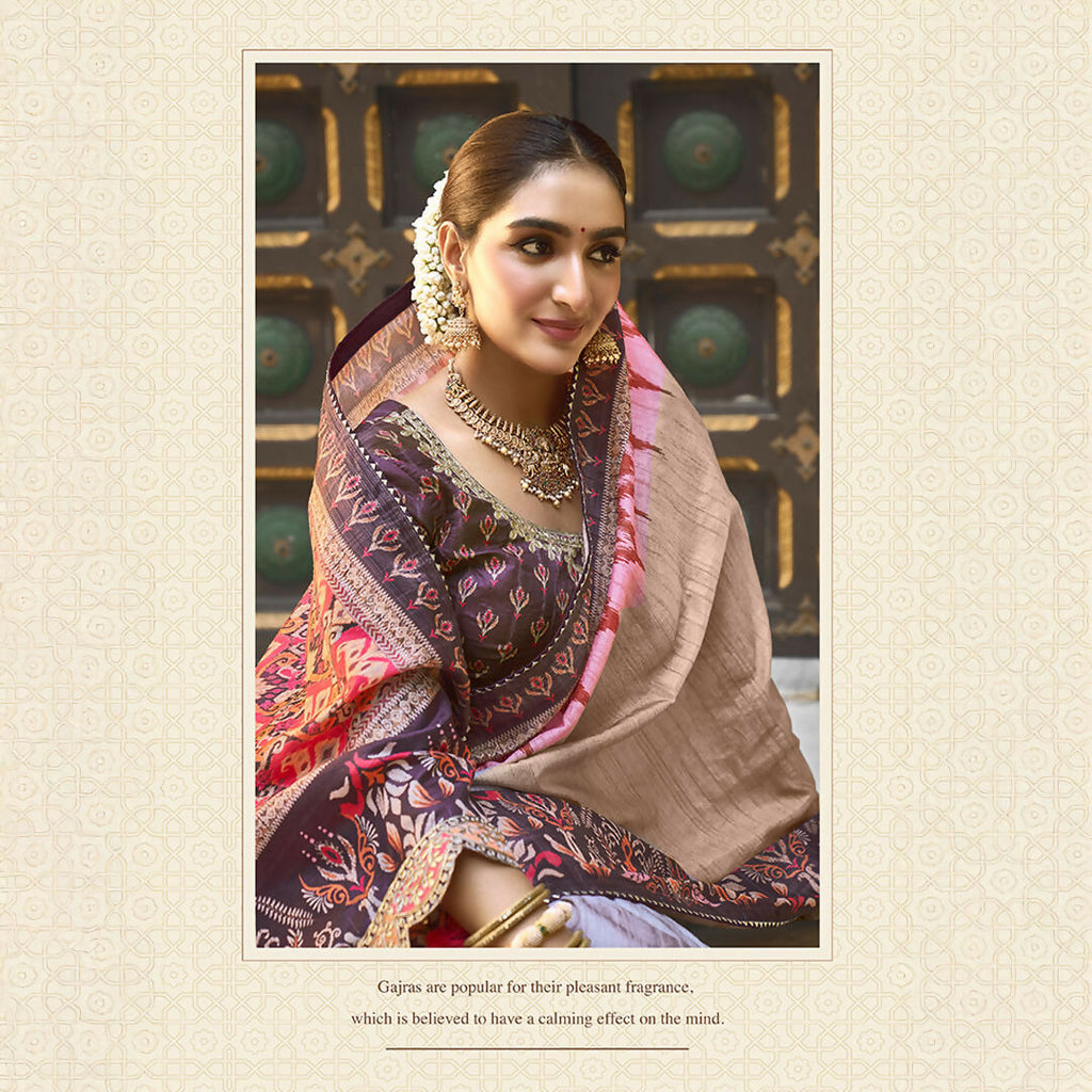 Beige Bhagalpuri Silk Pure Gota Work Saree With Unstitched Blouse - Norita Gajri