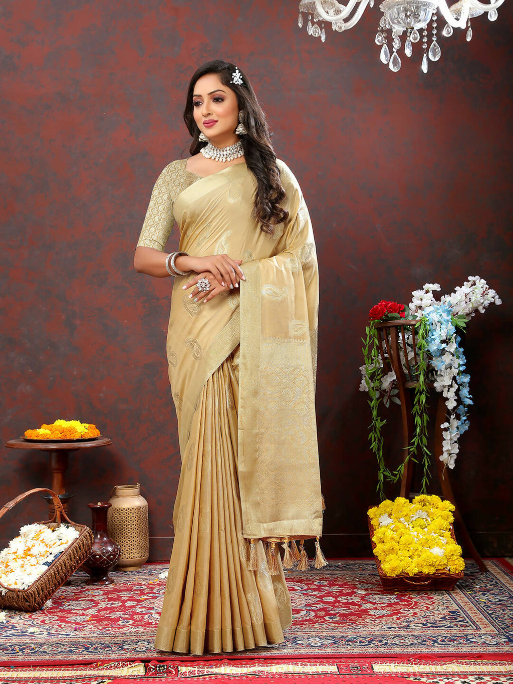 Lorenvalley Fashion Cream Cotton Woven Design with Zari Weaving Design Saree