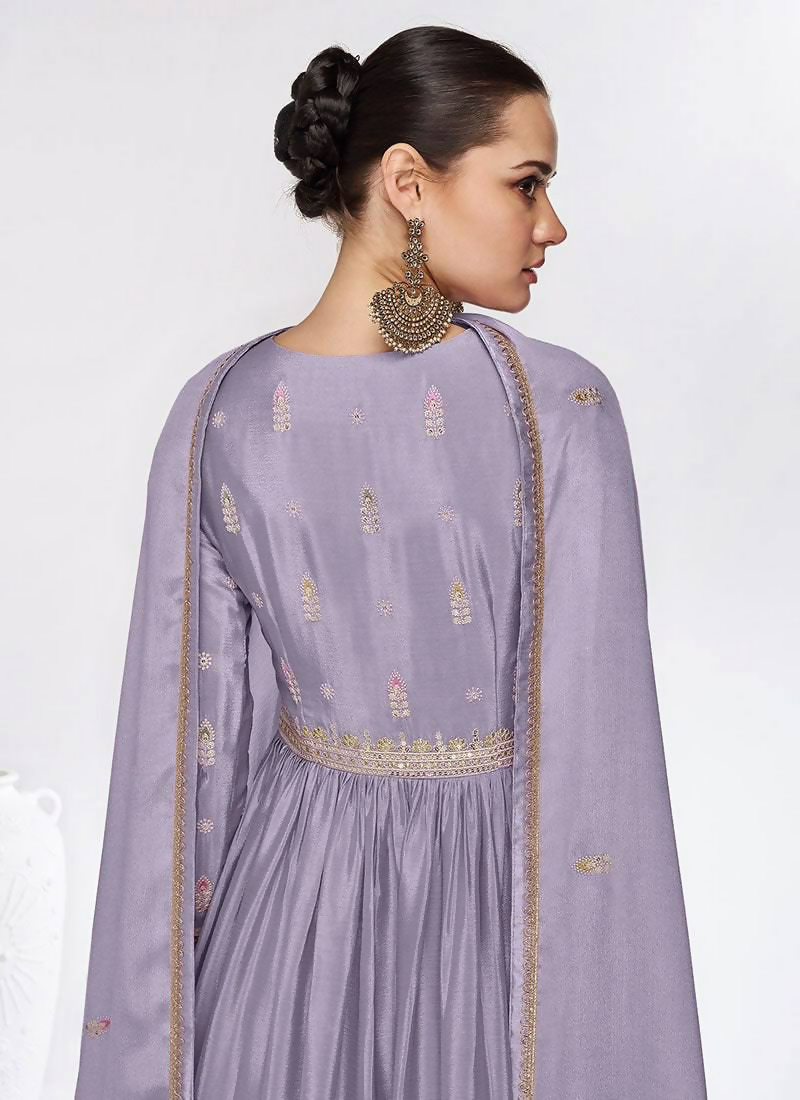 Lorenvalley Fashion Lavender Chinon Embroidery With Sequince Work Gown Stitched