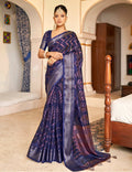 Dark Blue Patta Poly Cotton Stripe Printed Saree With Unstitched Blouse Piece - Shades