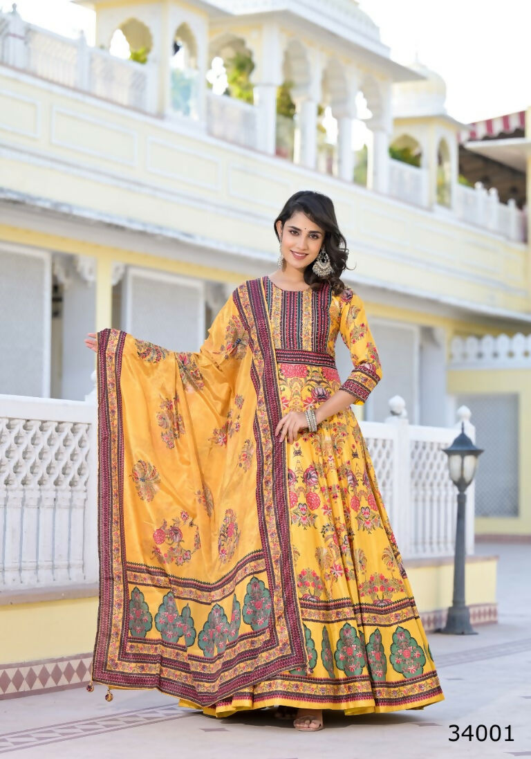 Partywear Designer Yellow Dola Silk Anarkali suit with Dupatta - Suzen