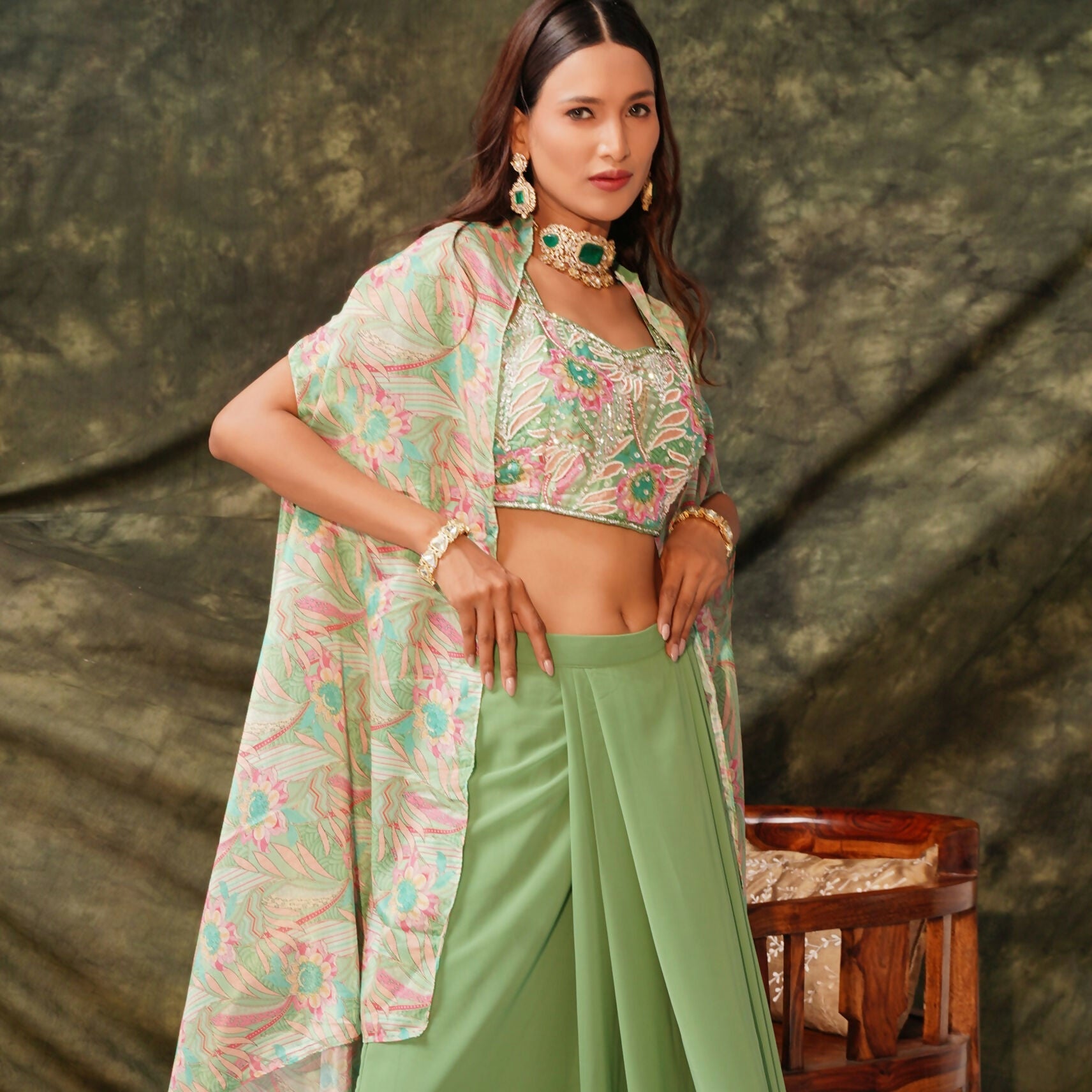 Green Pure Georgette Handwork Top with Skirt & Shrug - Naomika