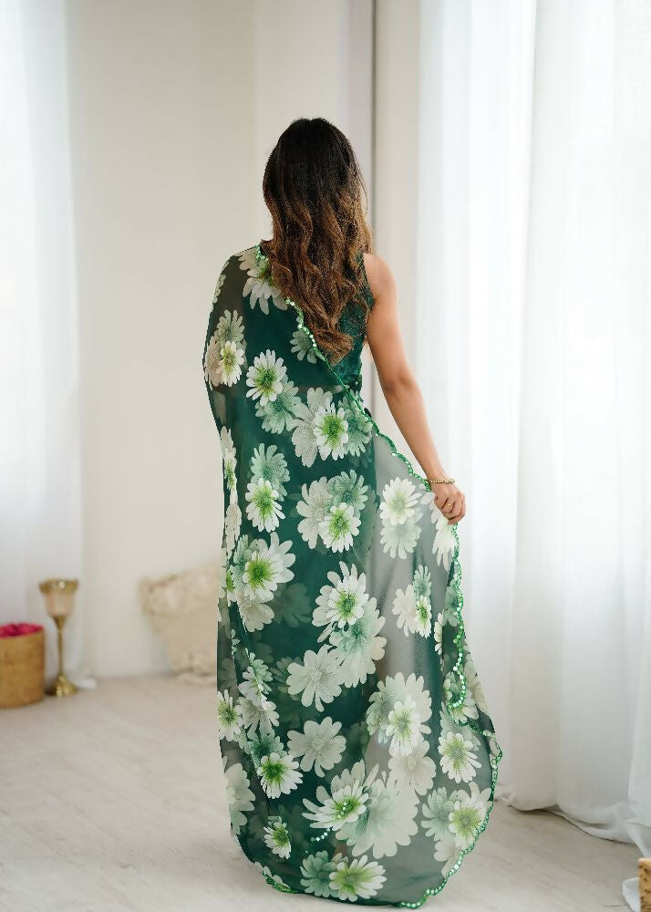 PR Fashion Green Georgette Printed With Mirror Work Saree