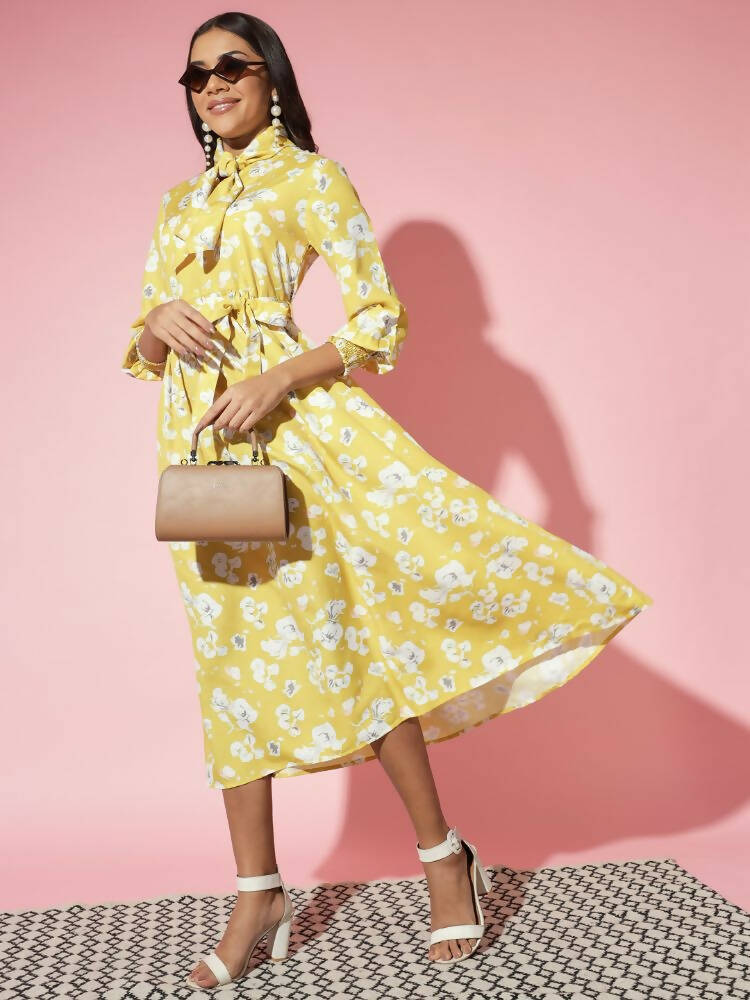 Myshka Women Yellow Floral Rayon A-Line Shirt Collar Dress