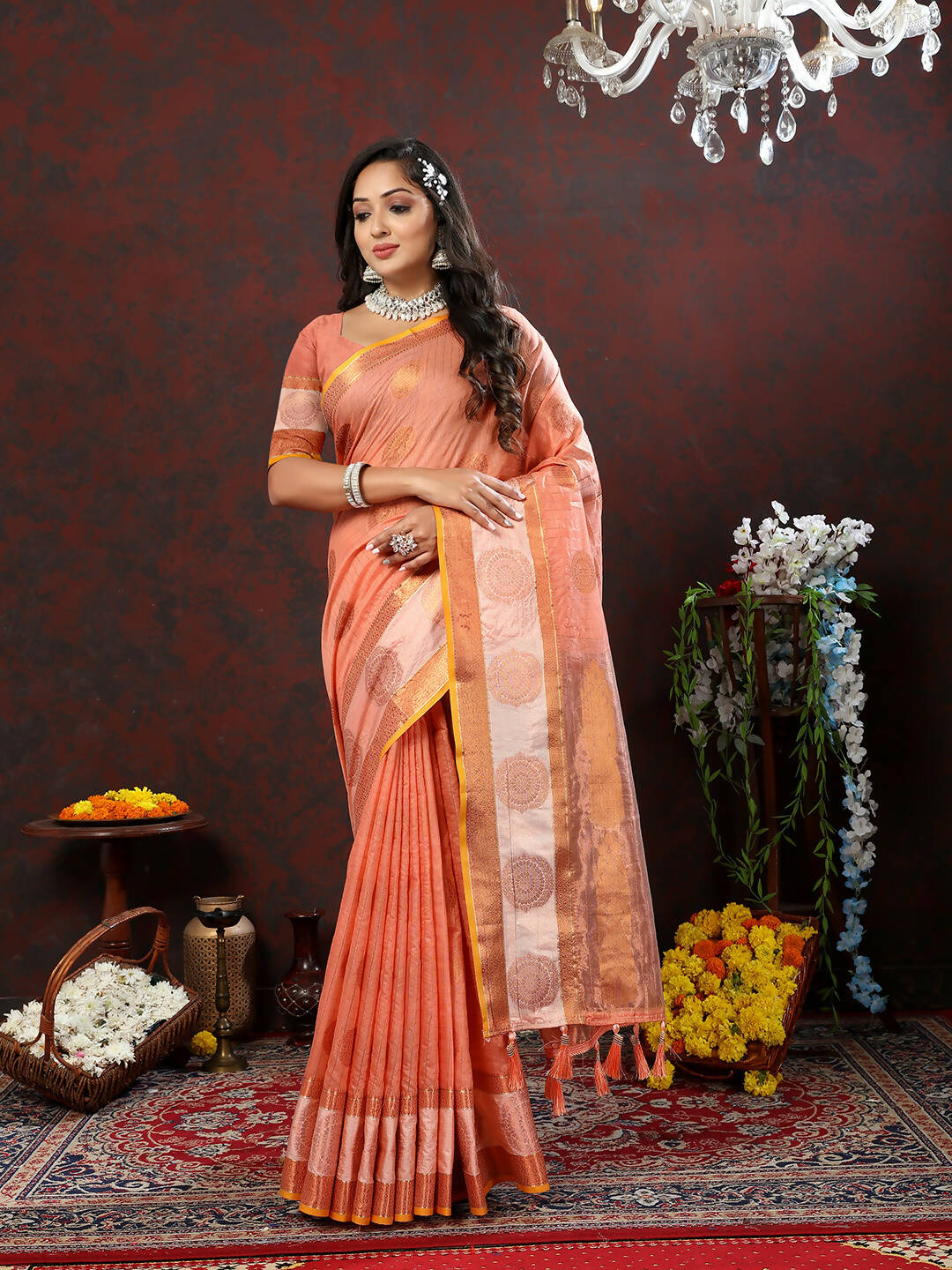 Lorenvalley Fashion Peach Cotton with Woven Design Zari Weaving Saree