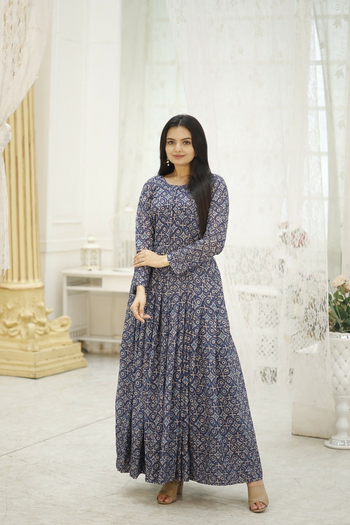 Aayaa Printed Faux Georgette with Embroidery Thread Sequins work Gown - Multi Color