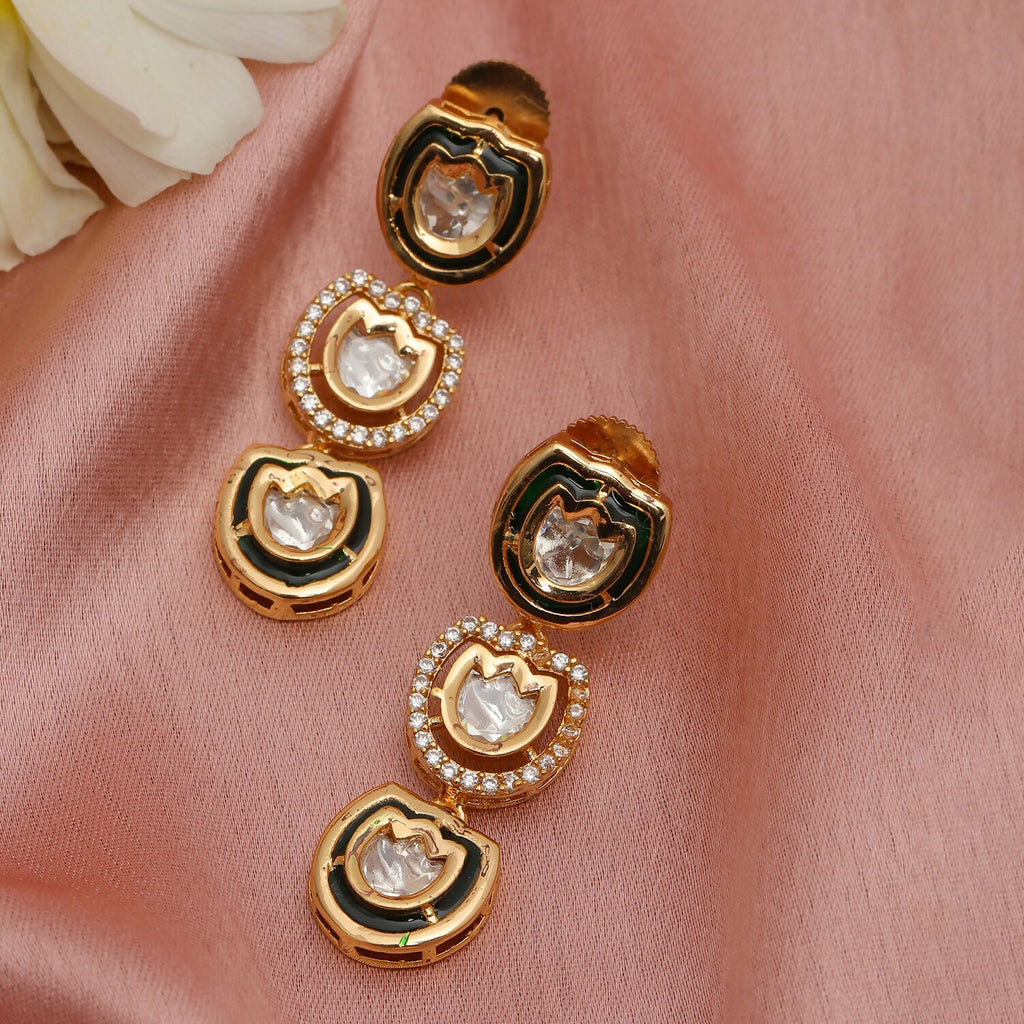 Meenakari and Diamond Studded Dangler Earrings (Gold) - Ruby Raang