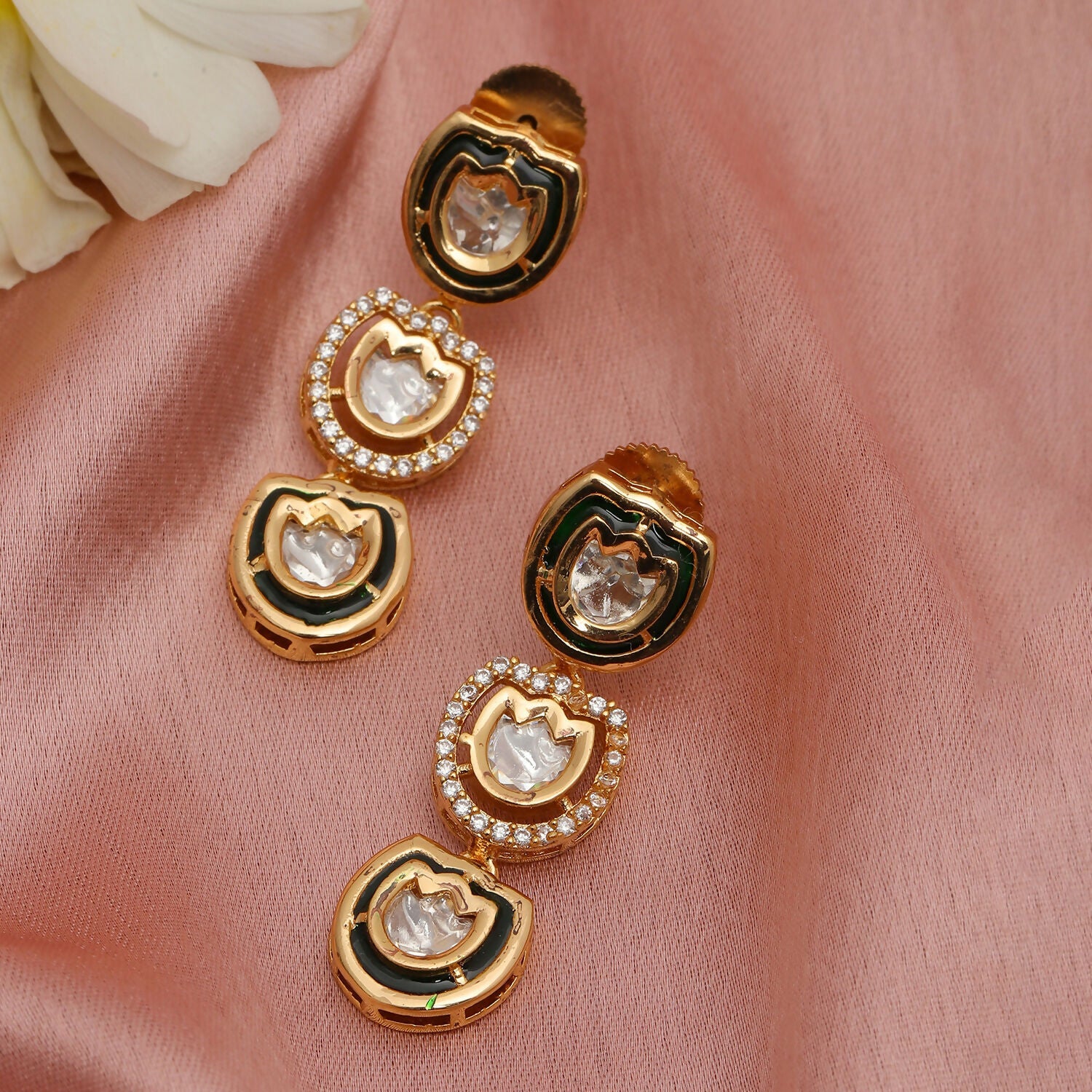 Meenakari and Diamond Studded Dangler Earrings (Gold) - Ruby Raang