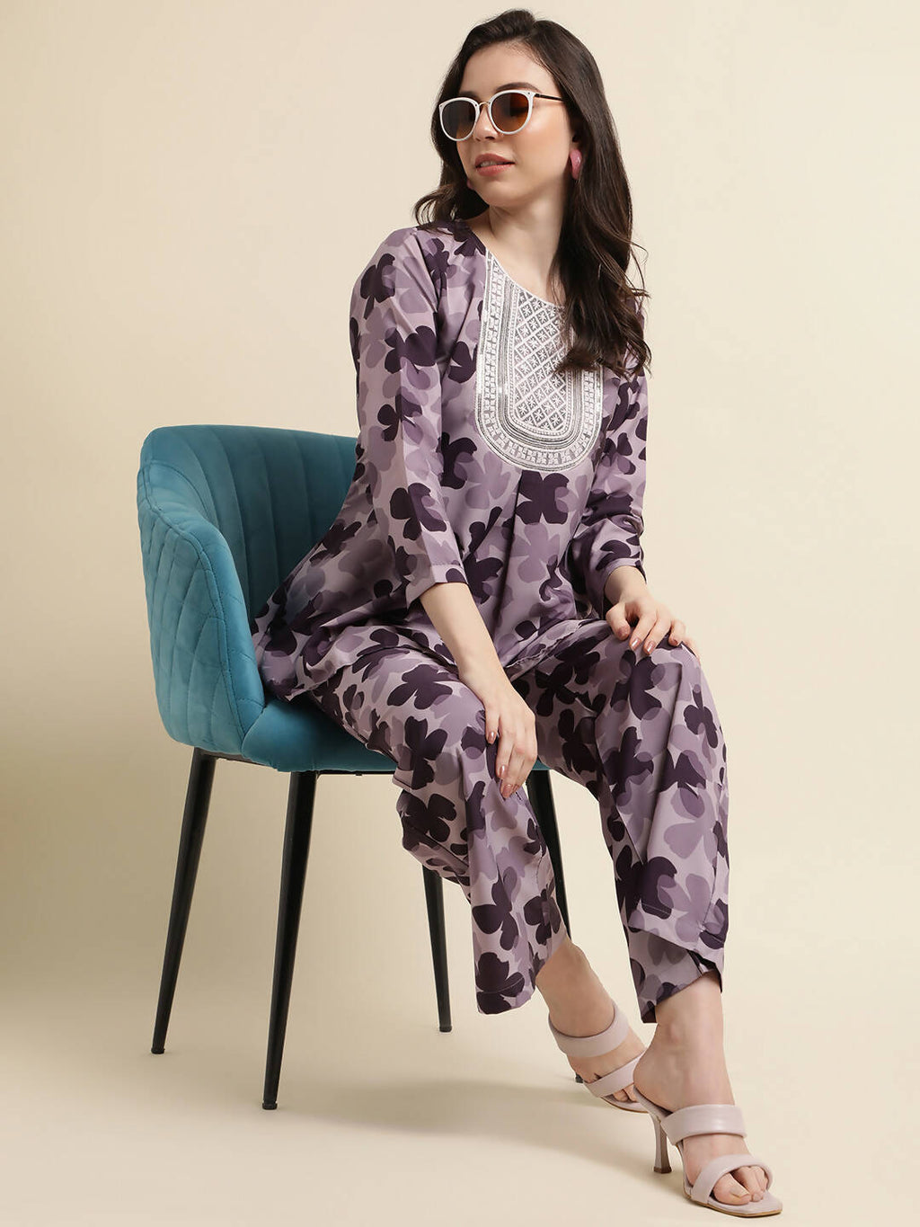 Purple Poly Crepe Digital Printed Top with Matching Bottom - Preeti