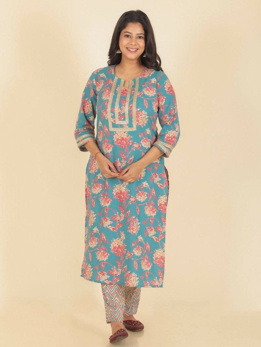 Aramya Green Soft Cotton Floral Print Straight Kurta Pant Set for Women