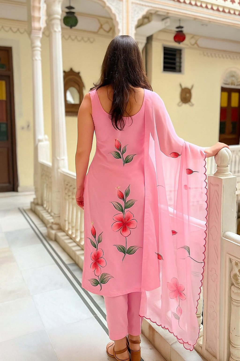 The52 Pink Women's Gorgeous Printed Viscose Fabric Straight Kurta Pant with Dupatta Set