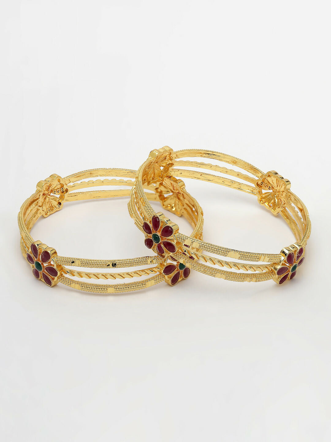 NVR Women's Set of 2 Gold-Polished Artificial Stones Handcrafted Traditional Bangles