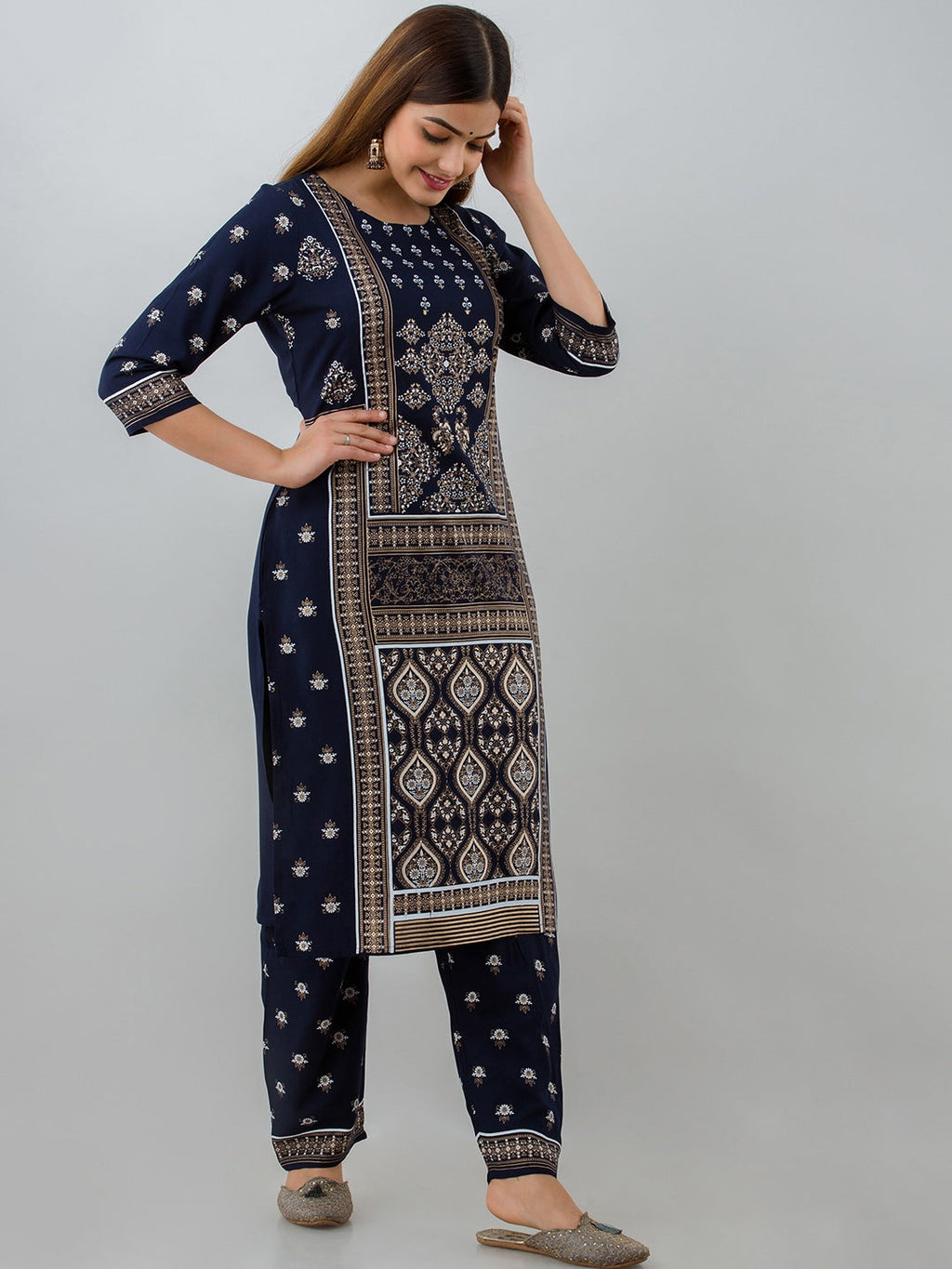 HERE&NOW Navy Blue Ethnic Motifs Printed Kurta with Trousers