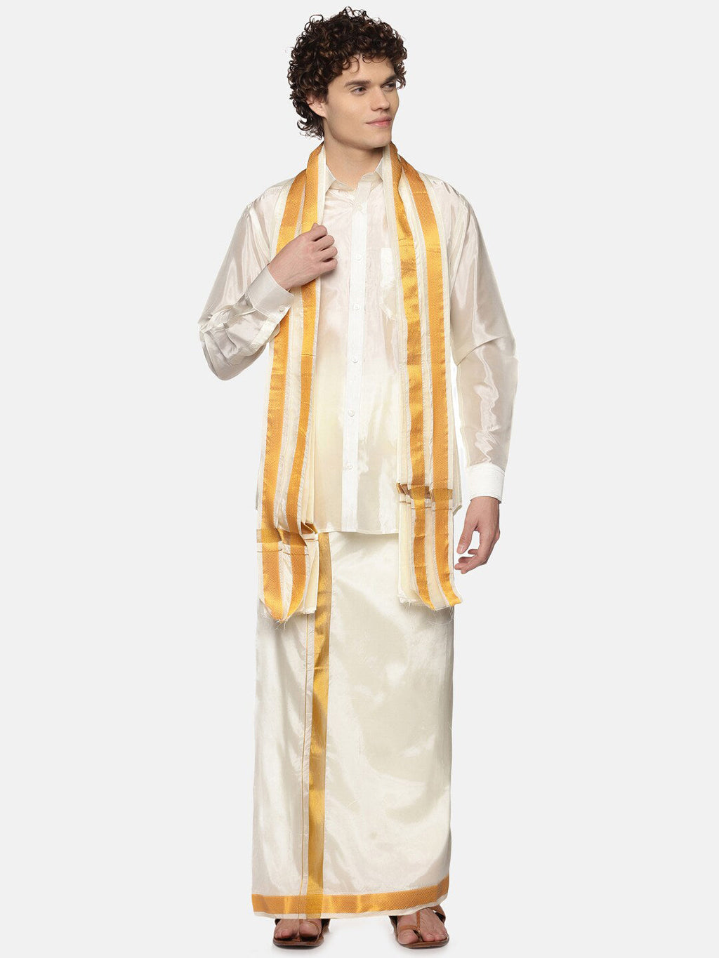 Sethukrishna Men Cream-Coloured Solid Art Silk Dhoti With Angavastram
