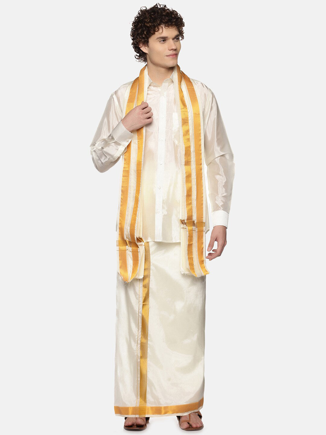 Sethukrishna Men Cream-Coloured Solid Art Silk Dhoti With Angavastram