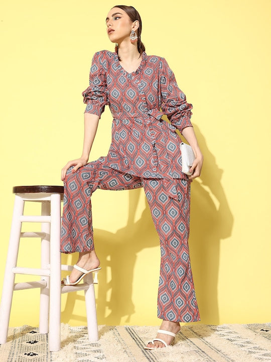 InWeave Women's Pink Blue Ogee Print Belted Coord Set