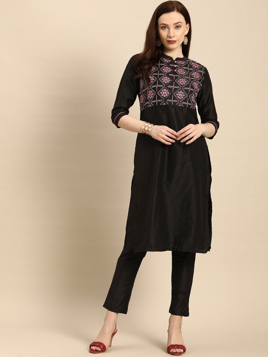 All About You Women Black Embroidered Kurta with Trousers