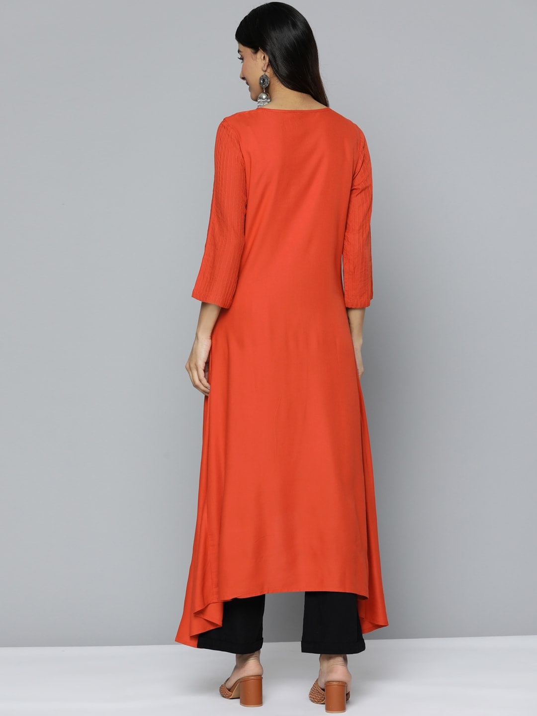 HERE&NOW Mirror Work Embroidered Keyhole Neck Asymmetric Dipped Hem Kurta